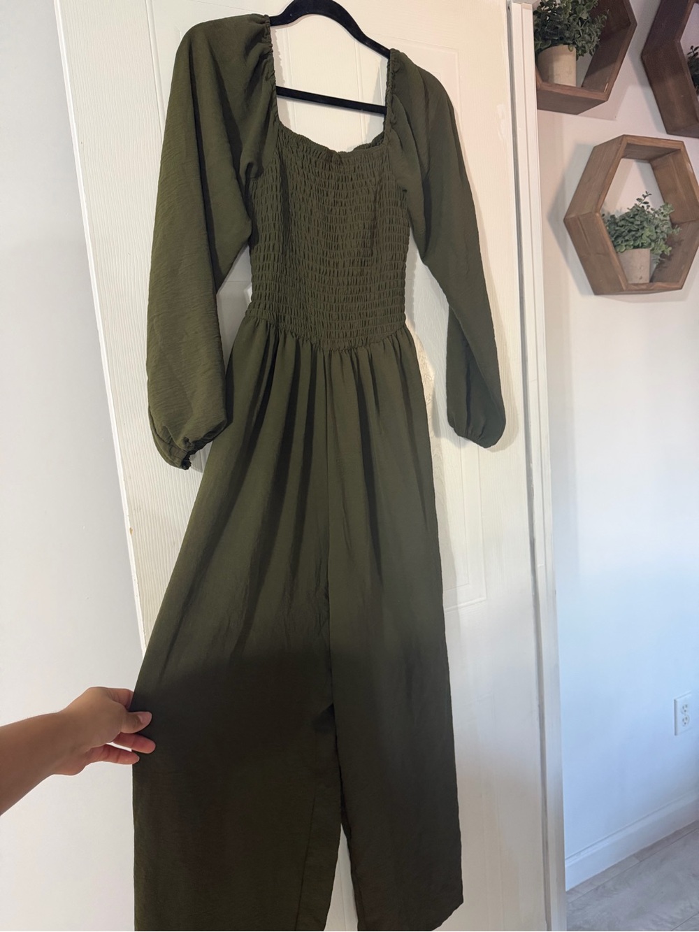 SHEIN Olive Green Smocked Jumpsuit with Puff Sleeves
